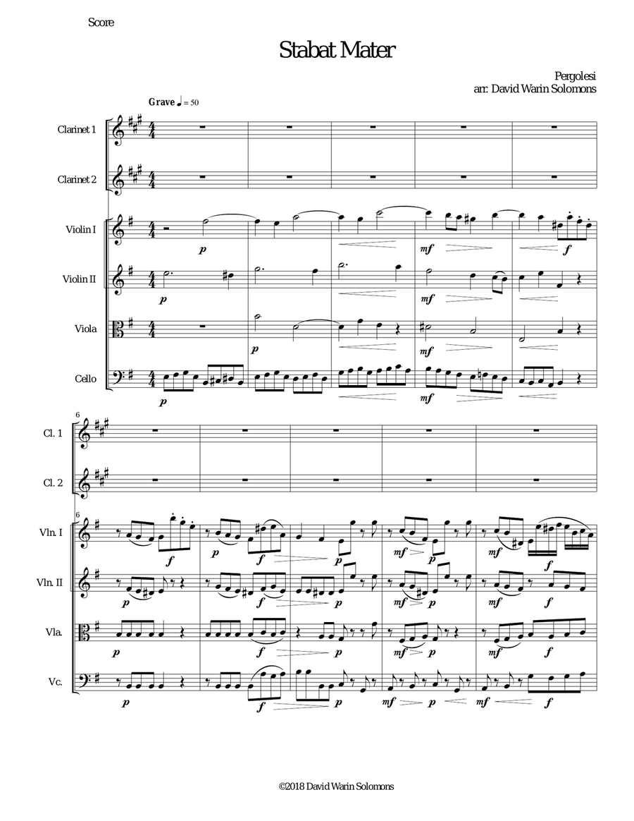 Stabat Mater for 2 clarinets and string quartet Chamber Orchestra scores gallery preview page 1