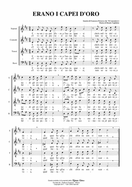 ERANO I CAPEI D'ORO - Sonetto by Francesco Petrarca - For SATB Choir image number null