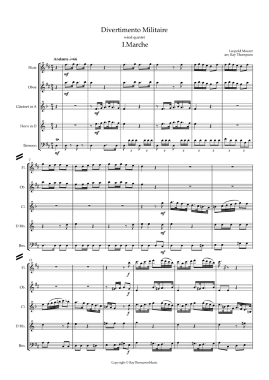 Leopold Mozart: Divertimento Militaire (Military Divertimento in D) (Complete) - wind quintet Woodwind Quintet scores gallery preview page 2
