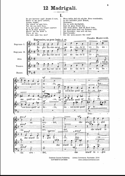 12 funfstimmige Madrigale / fur den Vortrag bearbeitet von Arnold Mendelssohn ; deutsche Ubersetzung vom Herausgeber.