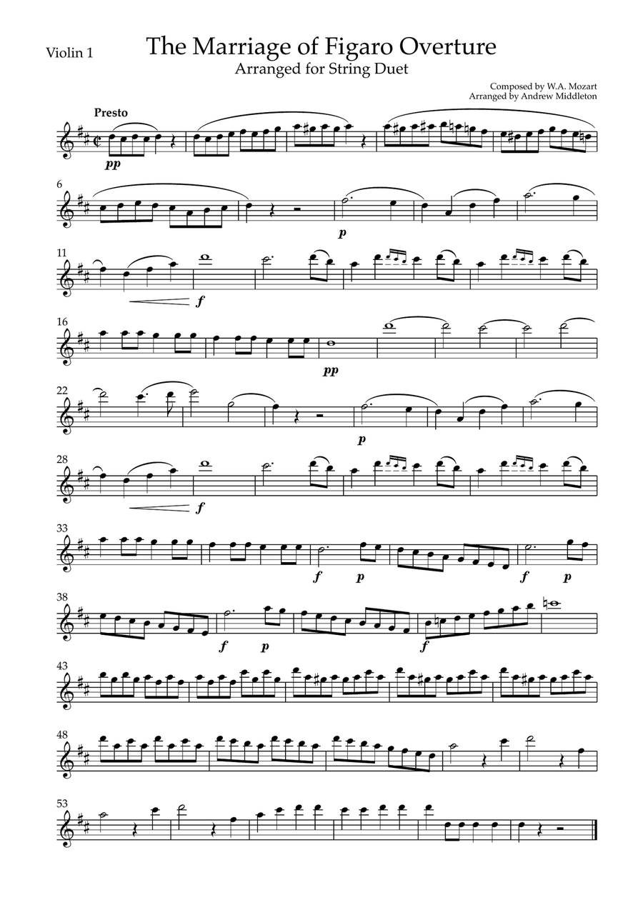 The Marriage of Figaro Overture arranged for String Duet String Duet scores gallery preview page 5