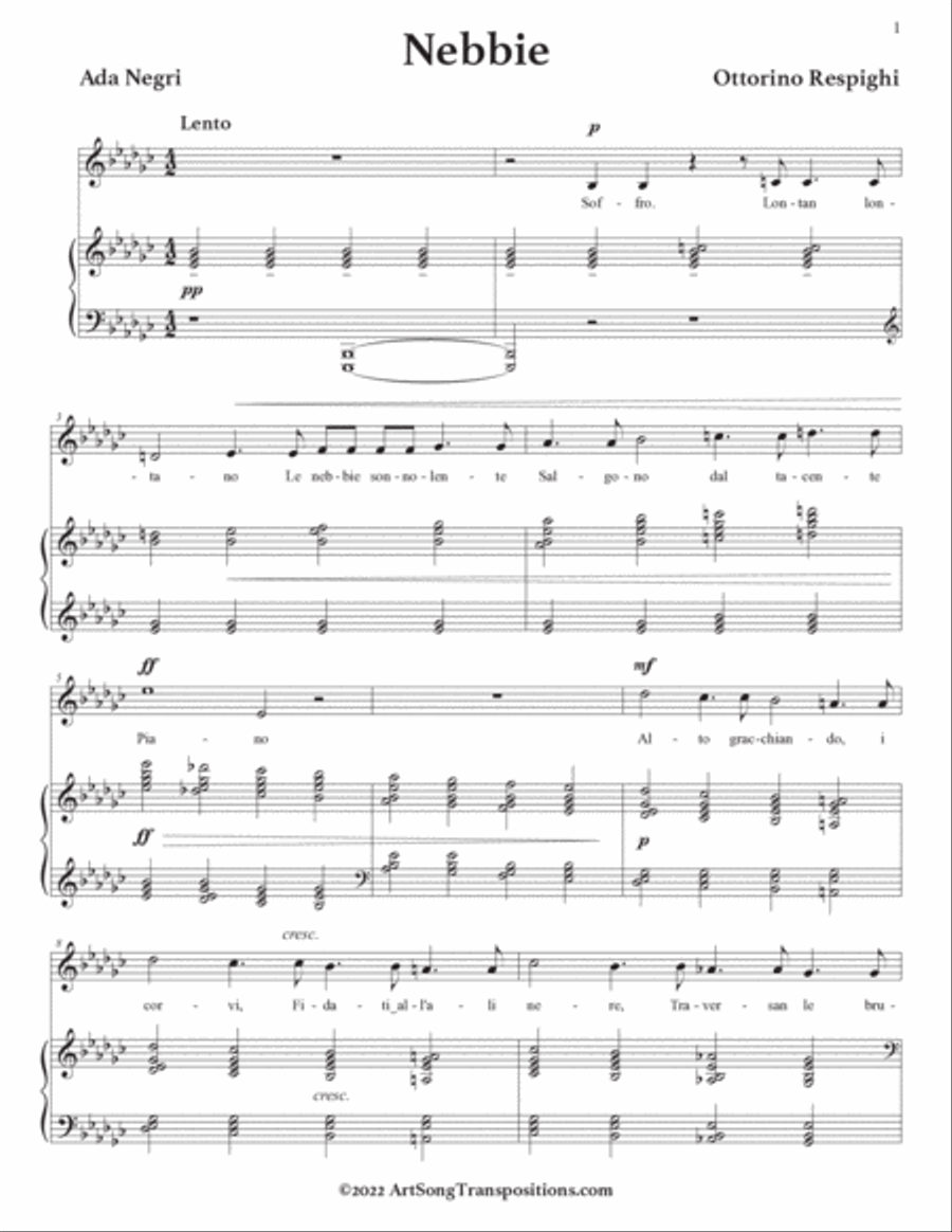RESPIGHI: Nebbie (transposed to E-flat minor) Voice scores gallery preview page 2
