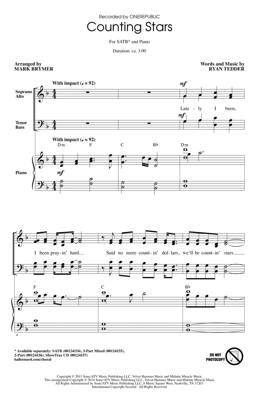 Counting Stars (arr. Mark Brymer) 4-Part scores gallery preview page 1