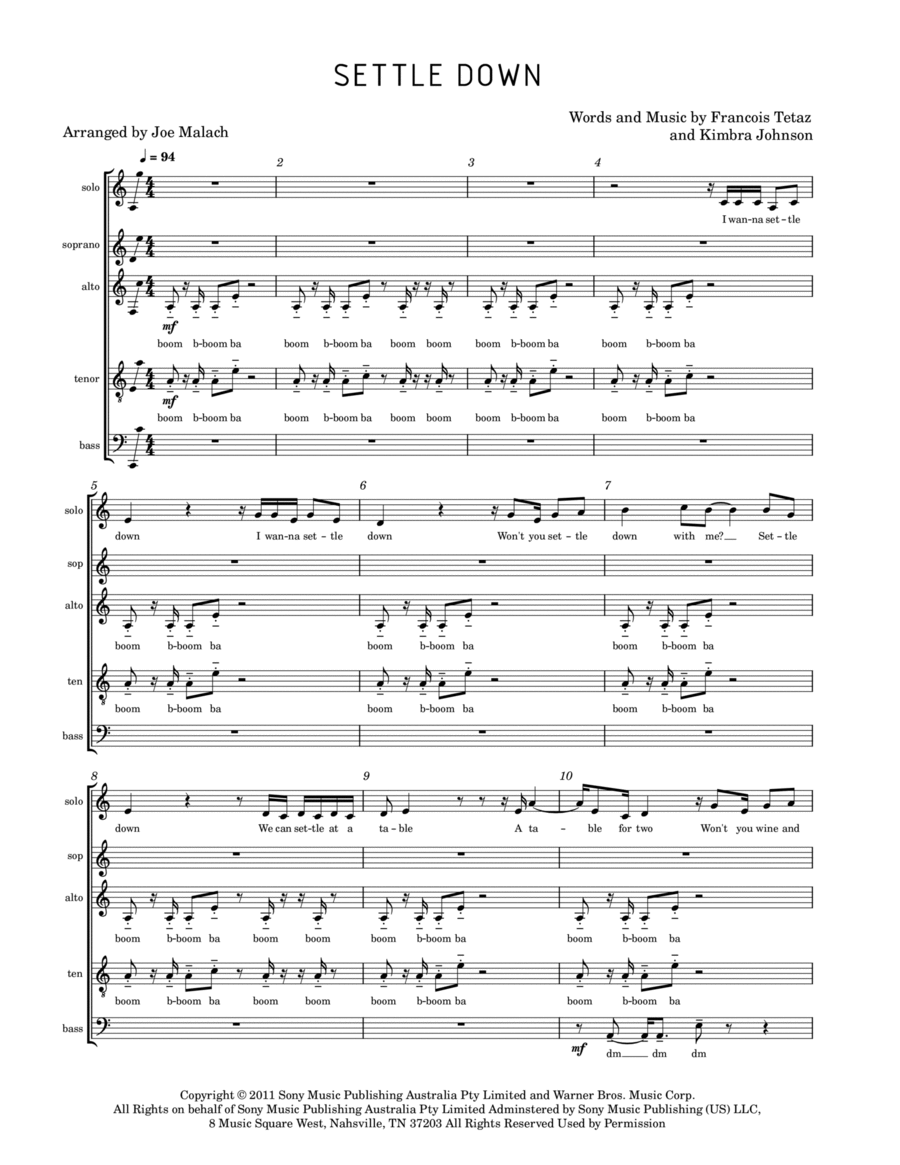 Settle Down 4-Part scores gallery preview page 1