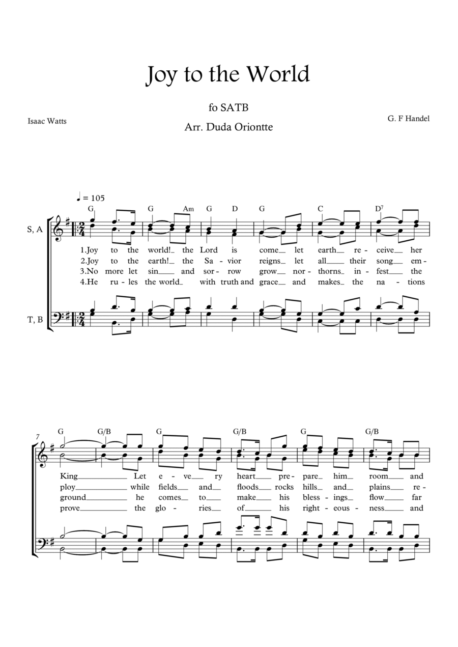 Joy to the World (G major - SATB - with chords - no piano - four staff) 4-Part scores gallery preview page 1
