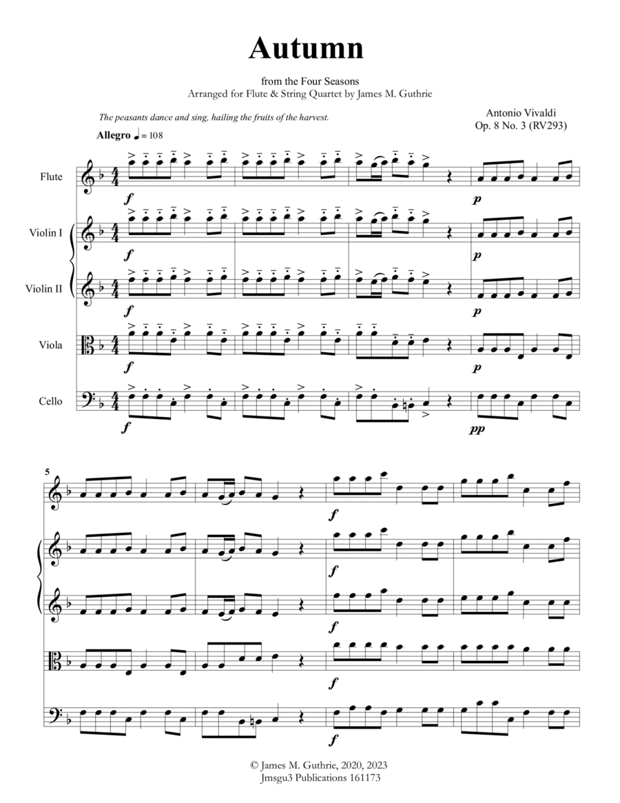 Vivaldi: Autumn from the Four Seasons for Flute & String Quartet image number null
