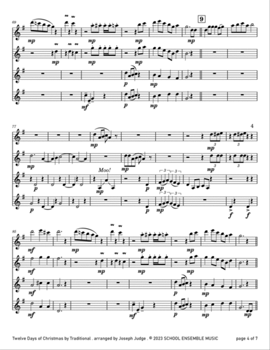 Twelve Days of Christmas for Clarinet Quartet in Schools Clarinet Quartet scores gallery preview page 4