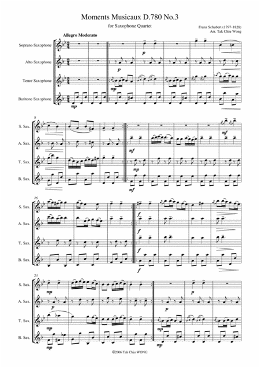Moments Musicaux D.780 No.3 for Saxophone Quartet Moments Musicaux D.780 No.3 for Saxophone Quartet Saxophone Quartet scores gallery preview page 2