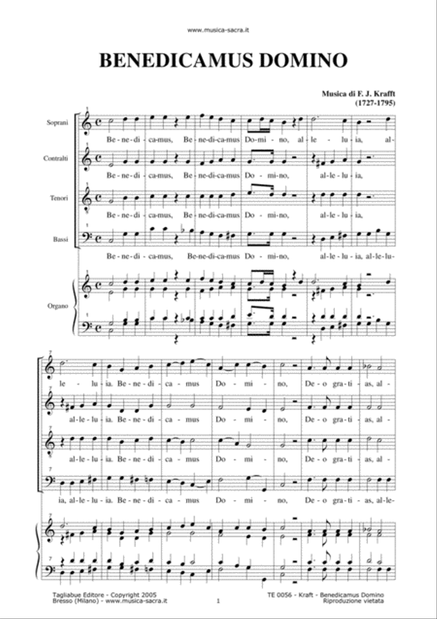 BENEDICAMUS DOMINO - F.J.KRAFFT (1727-1795) - SATB Choir and Organ 4-Part scores gallery preview page 1