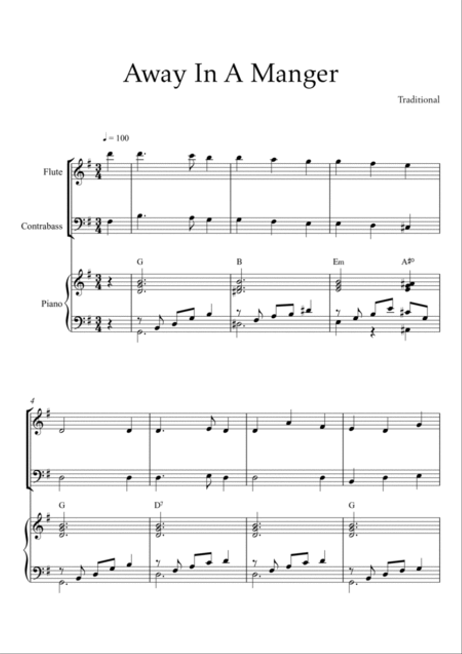 Traditional - Away In a Manger (Trio Piano, Flute and Double Bass) with chords Small Ensemble scores gallery preview page 2