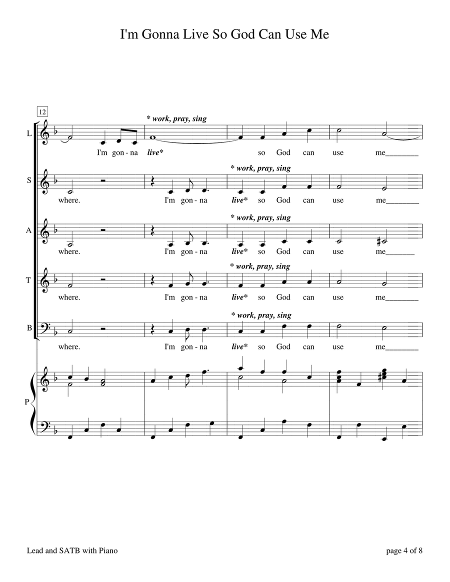 I'm Gonna Live So God Can Use Me (for Lead and SATB Choir A Cappella or with Piano Accompaniment) 4-Part scores gallery preview page 5