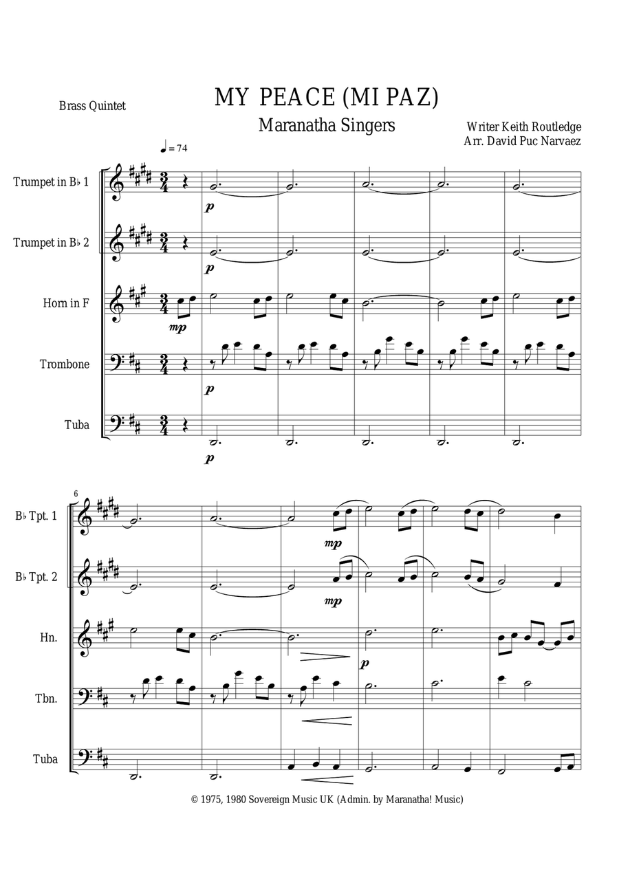 Maranatha Singers MY PEACE - Brass Quintet Score and Parts image number null