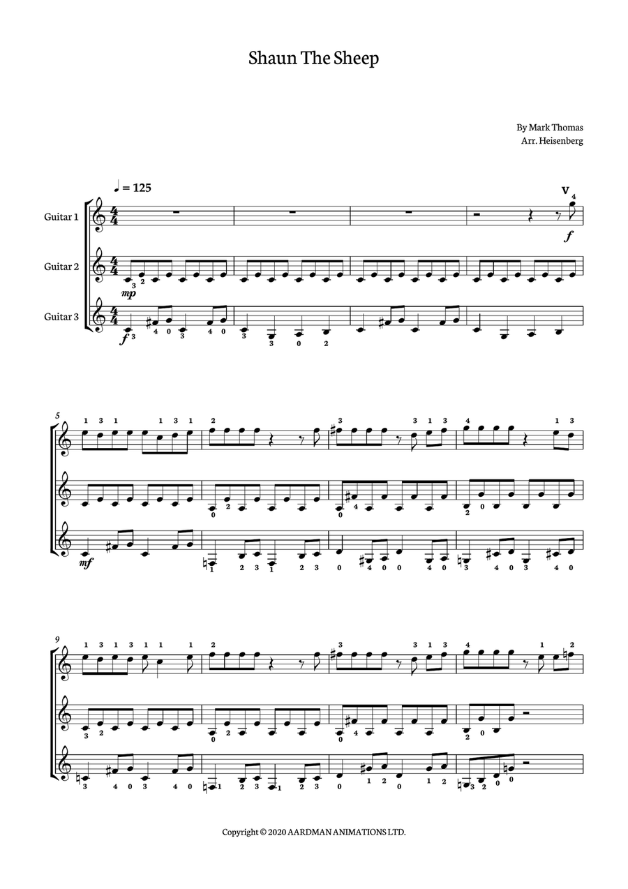 Shaun The Sheep Shaun The Sheep Guitar Ensemble scores gallery preview page 1