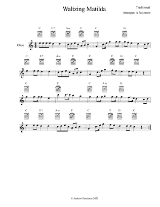 Waltzing Matilda for Easy Oboe with Guitar Chords