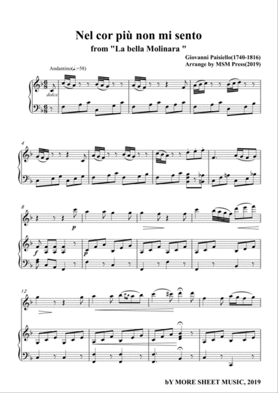 Paisiello-Nel cor più non mi sento,for Violin and Piano Violin Solo scores gallery preview page 3