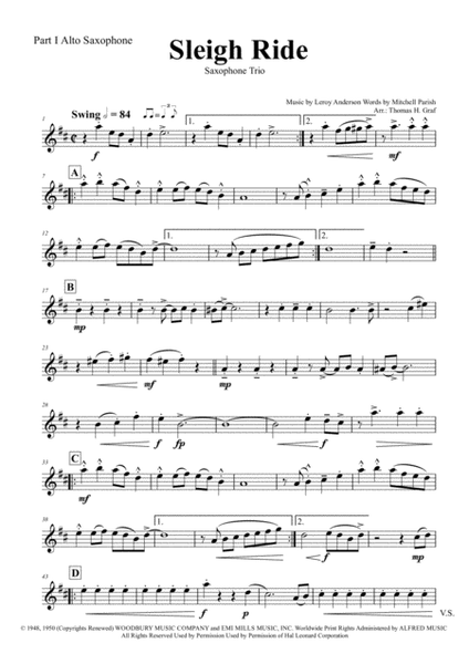 Sleigh Ride - Easy Swing - Saxophone Trio