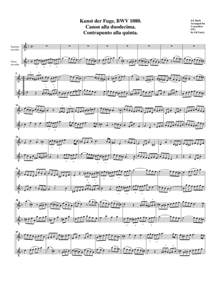 Canon 4 from Art of Fugue, BWV 1080 (arrangement for recorders)