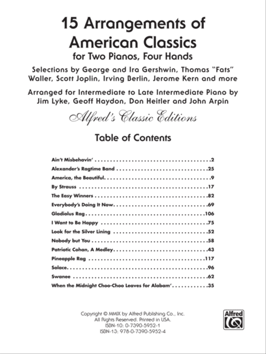 15 Arrangements of American Classics for Two Pianos, Four Hands