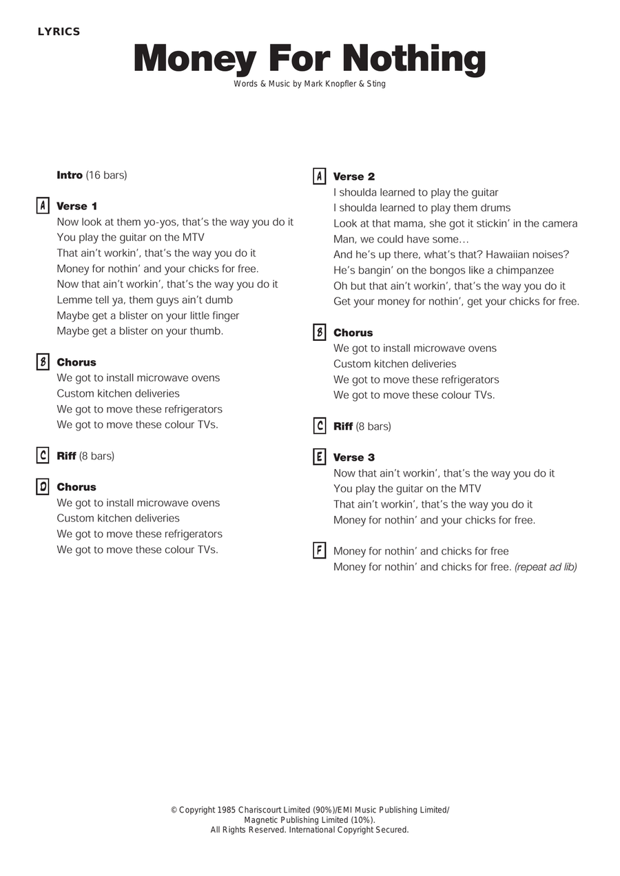 Money For Nothing Money For Nothing Piano, Vocal, Guitar scores gallery preview page 1