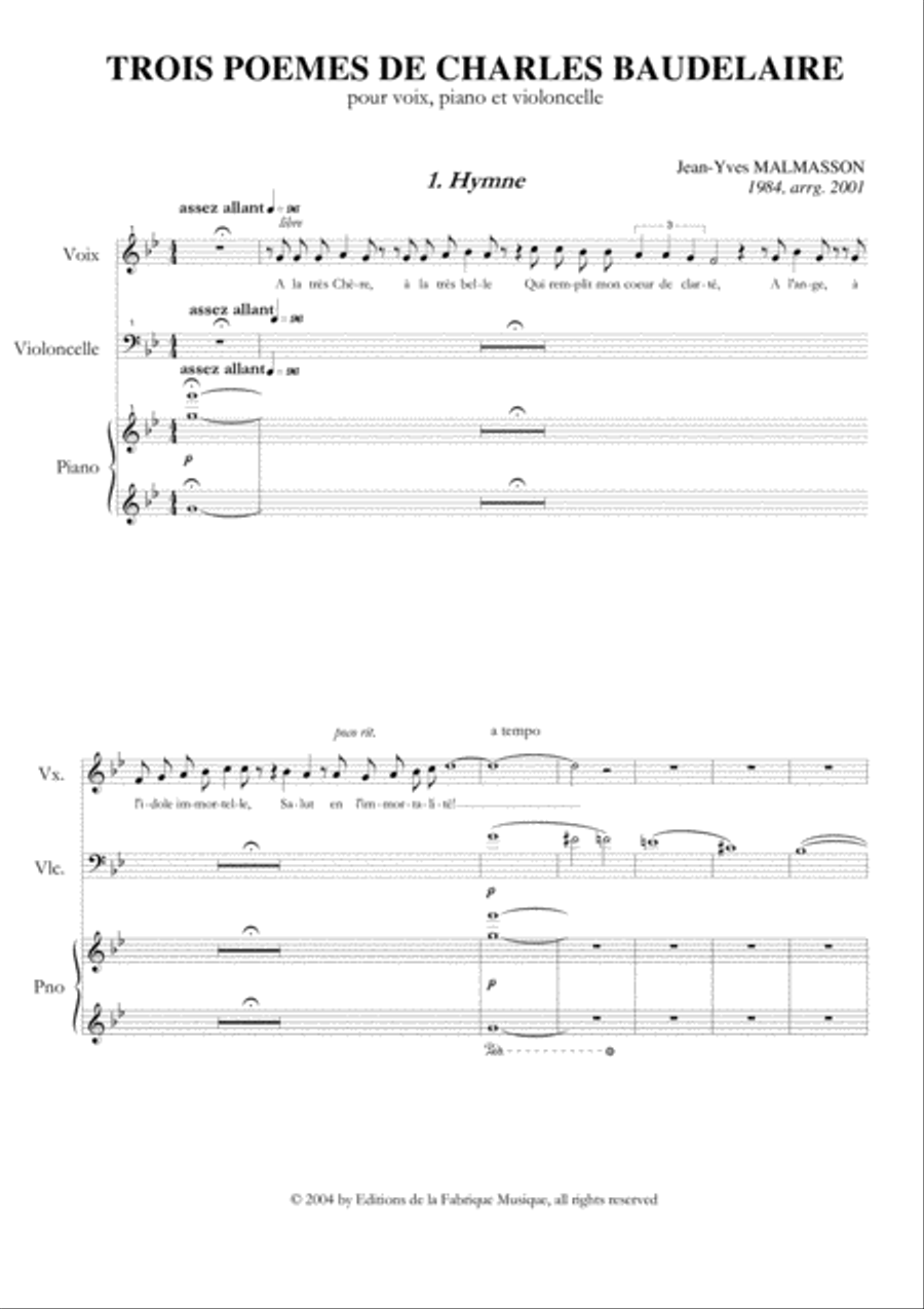 Jean-Yves Malmasson: Trois Poèmes de Charles Baudelaire for medium voice, violoncello and piano Small Ensemble scores gallery preview page 2