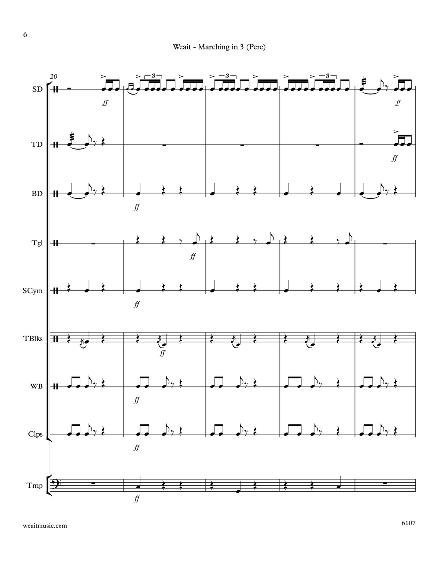 Marching in Three for nine percussion (3’32) Percussion Ensemble scores gallery preview page 6