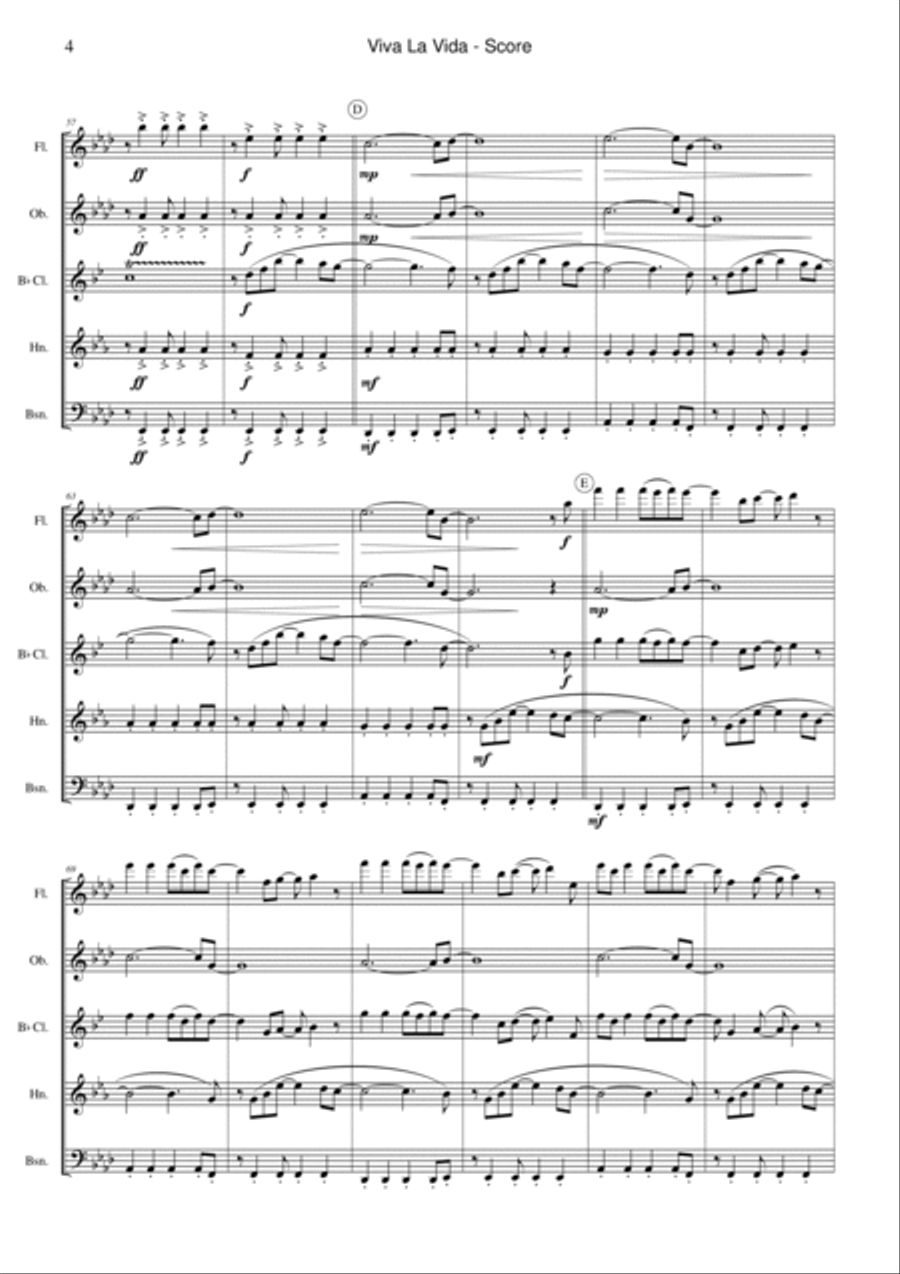 Viva La Vida Woodwind Quintet scores gallery preview page 4