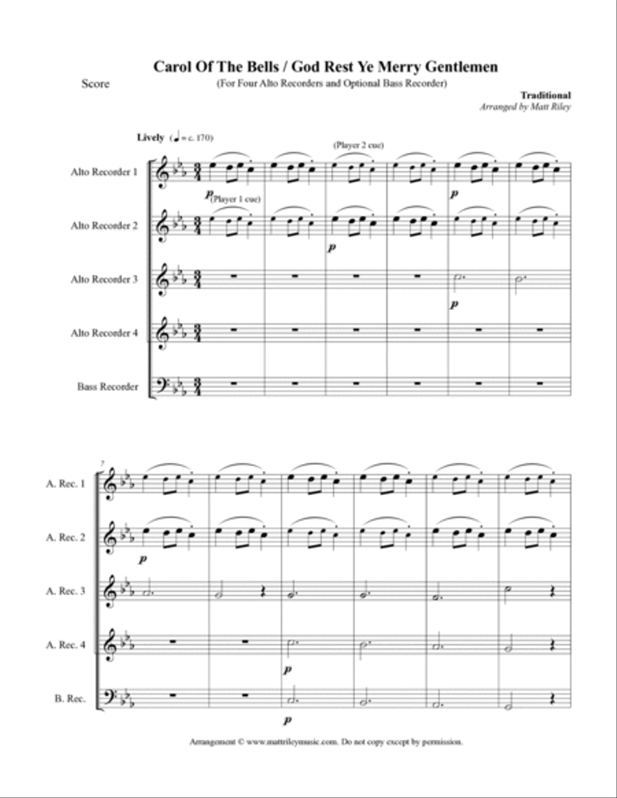 Carol Of The Bells / God Rest Ye Merry Gentlemen - 4 Alto recorders (with optional 5th bass part) Woodwind Duet scores gallery preview page 3
