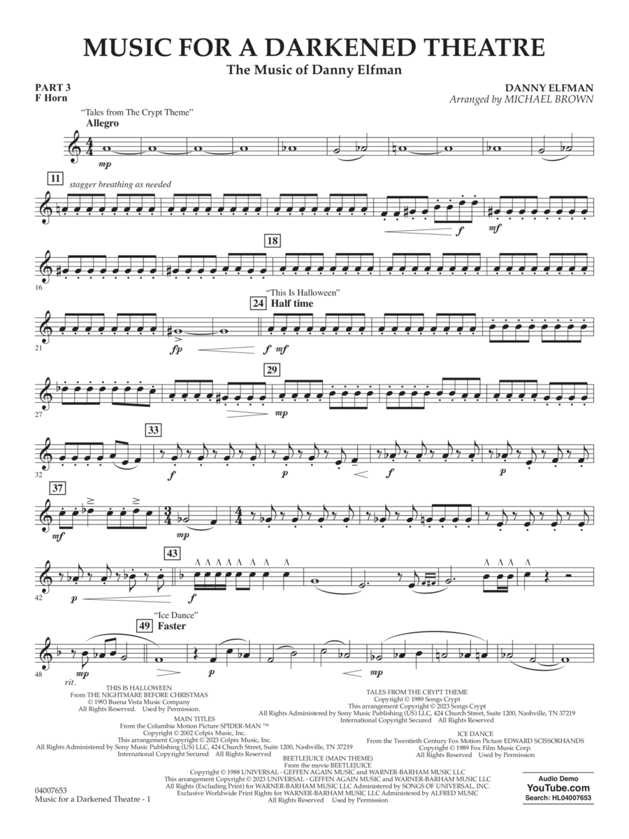 Music for a Darkened Theatre (The Music of Danny Elfman) - Pt.3 - F Horn Concert Band scores gallery preview page 1