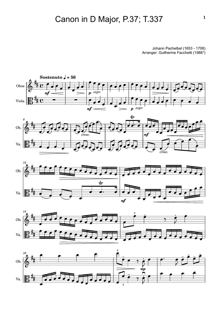 Canon in D Major, P.37; T.337. Arranged for Oboe and Viola. Small Ensemble scores gallery preview page 1