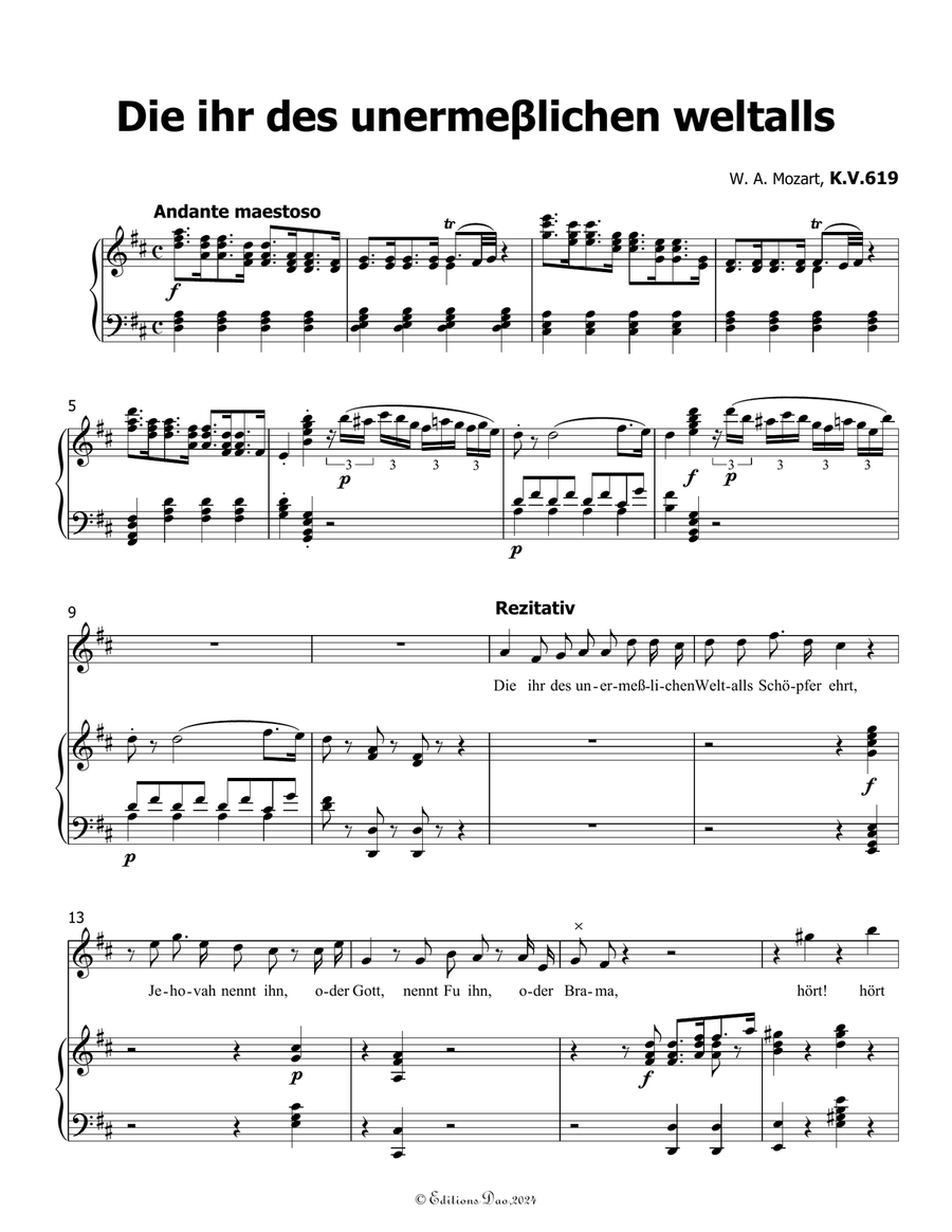 Die ihr des unermeβlichen weltalls, by Mozart, K.V.619, in D Major Piano, Vocal scores gallery preview page 3