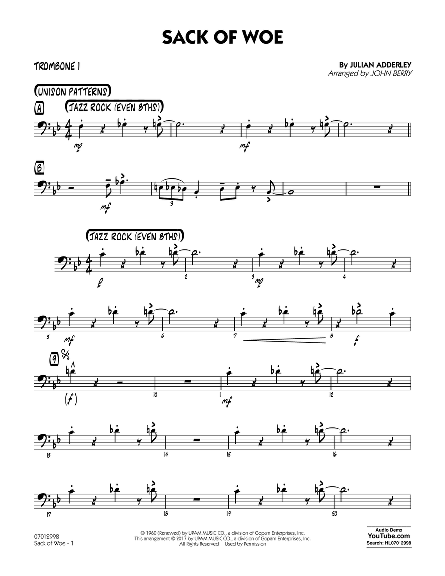 Sack of Woe - Trombone 1 Jazz Ensemble scores gallery preview page 1