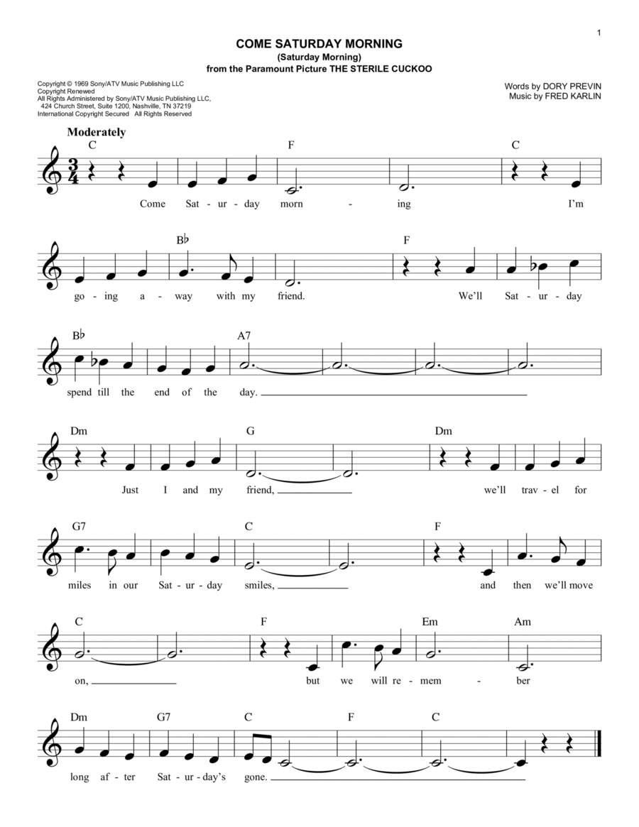 Come Saturday Morning (Saturday Morning) Piano scores gallery preview page 1