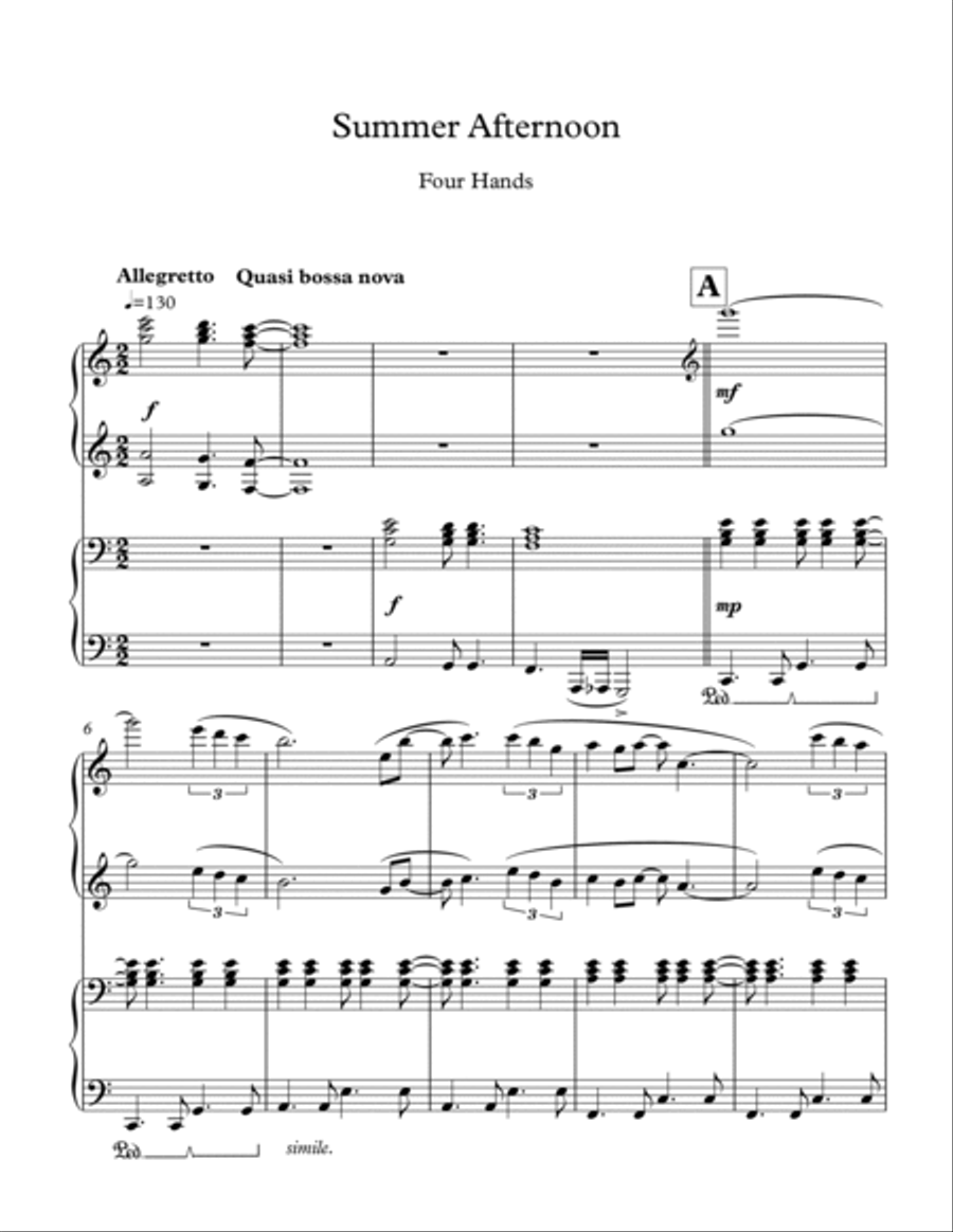 Summer Afternoon, Bossa Nova Piano Duet for 1 piano 4 hands. Piano Method scores gallery preview page 2