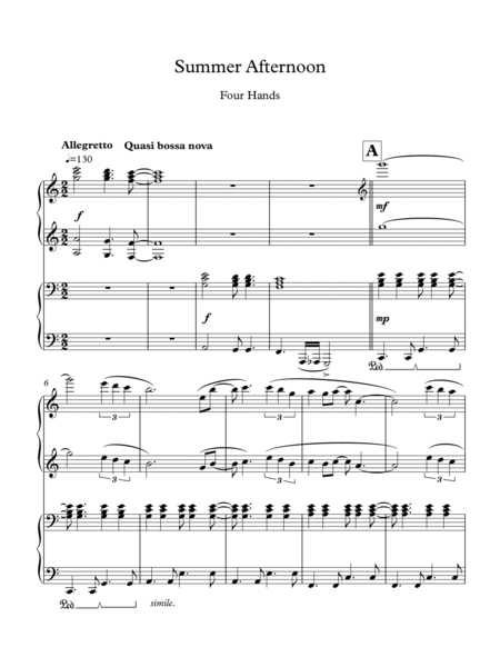 Summer Afternoon, Bossa Nova Piano Duet for 1 piano 4 hands.