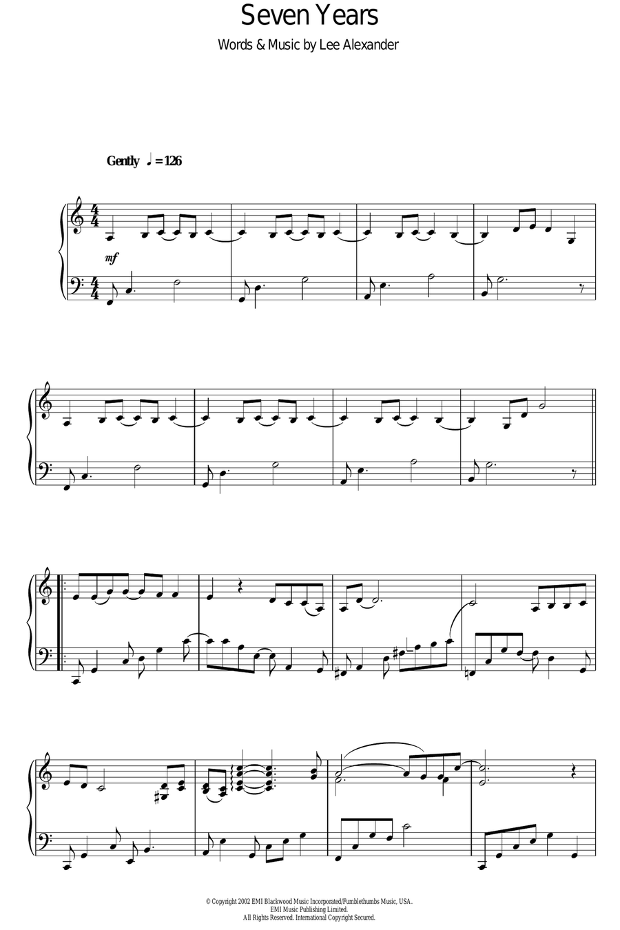Seven Years Piano Solo scores gallery preview page 1
