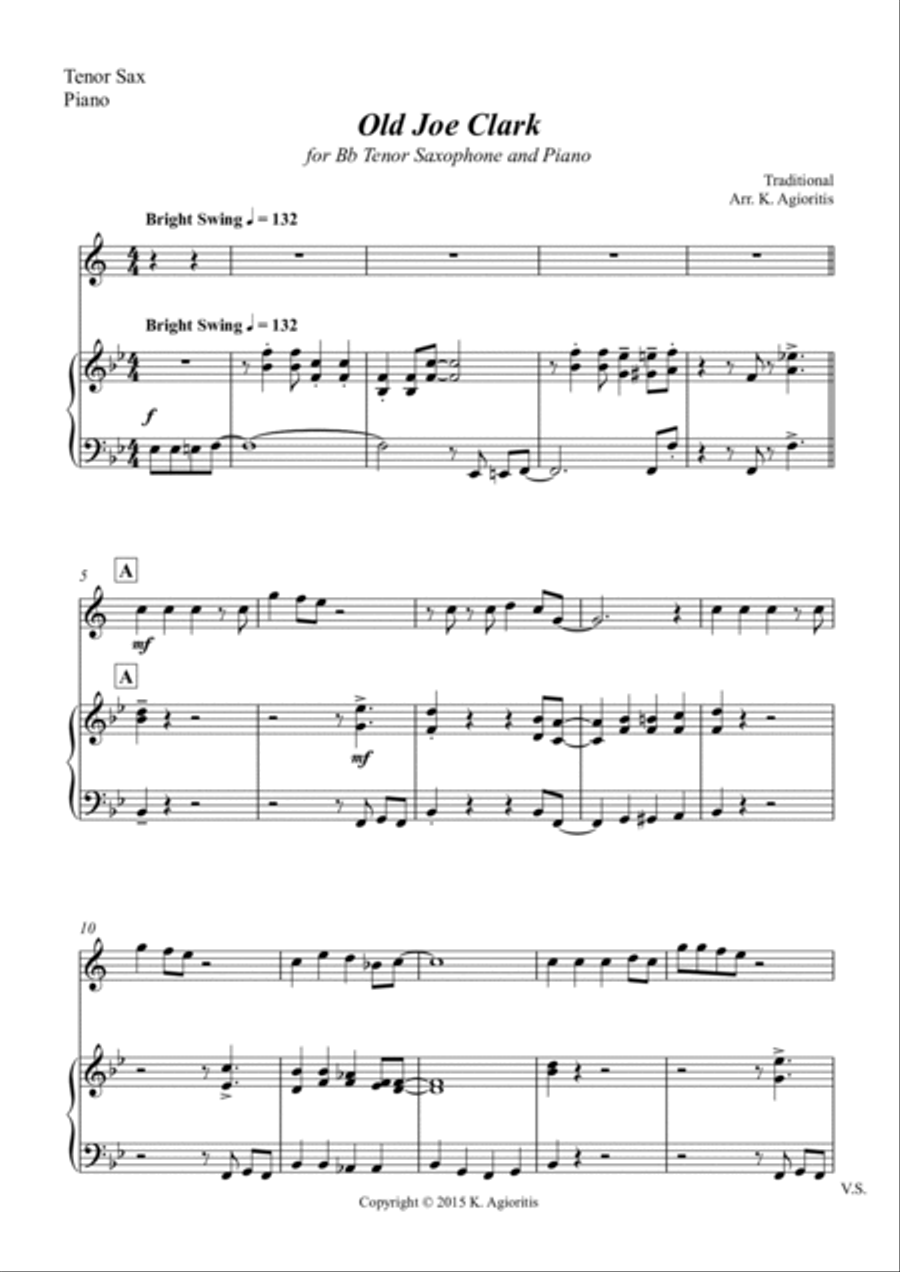 Old Joe Clark - for Tenor Saxophone and Piano Tenor Saxophone scores gallery preview page 2