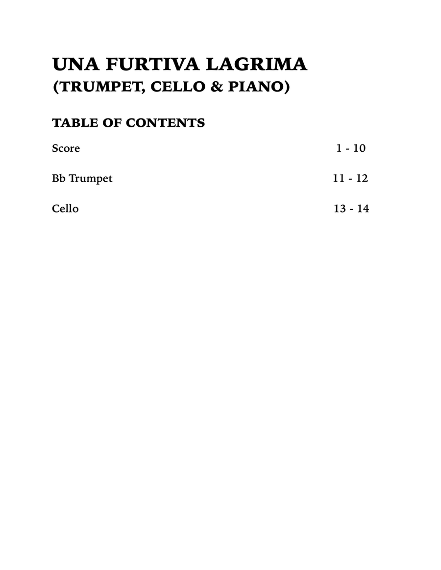 Una Furtiva Lagrima (One Furtive Tear): Trio for Trumpet, Cello and Piano Trumpet Trio scores gallery preview page 4