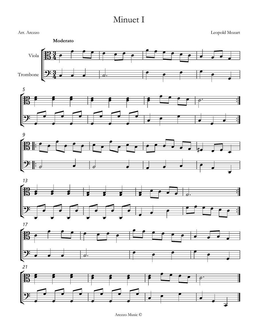 leopold mozart notebook for wolfgang minuet I Viola and Trombone sheet music Chamber Music scores gallery preview page 1
