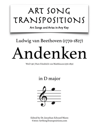 Book cover for BEETHOVEN: Andenken, WoO 136 (transposed to D major)