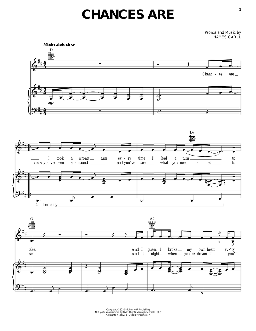 Chances Are Piano, Vocal, Guitar scores gallery preview page 1
