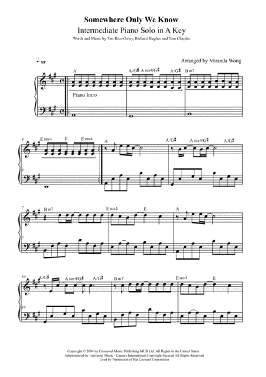 Somewhere Only We Know Easy Piano scores gallery preview page 1