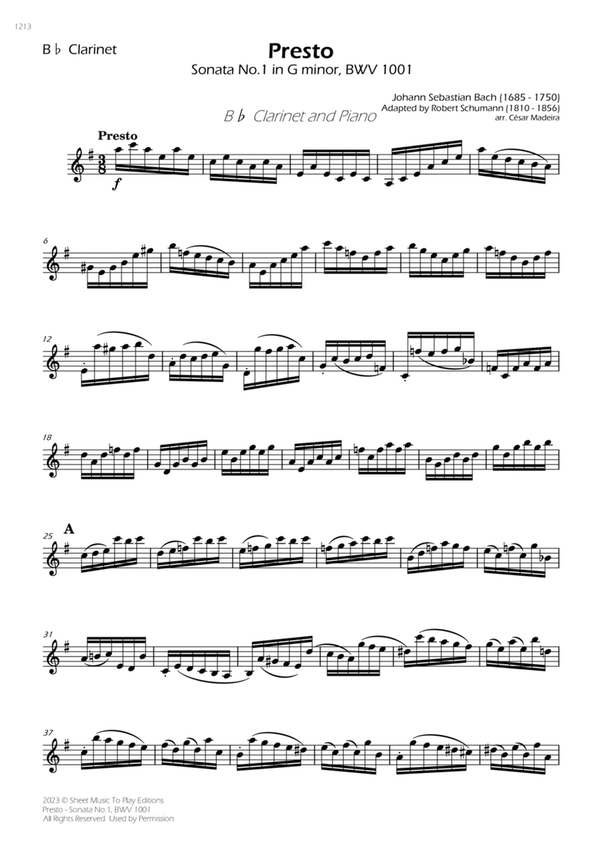 Presto from Sonata No.1, BWV 1001 - Bb Clarinet and Piano (Individual Parts) image number null
