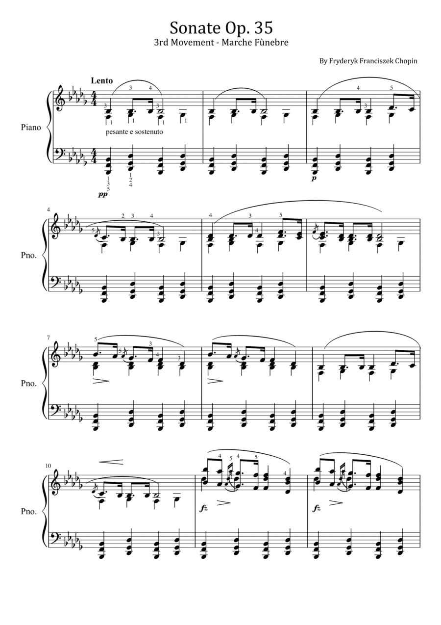 Chopin - Sonate Op. 35 - 3rd Mvt - Marche Fùnebre - Original With Fingered Piano Solo scores gallery preview page 1
