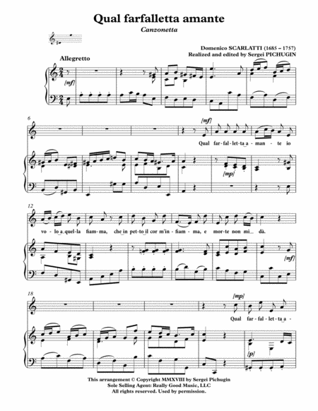 SCARLATTI, Domenico: Qual farfalletta amante, canzonetta for Voice and Piano (A minor) image number null