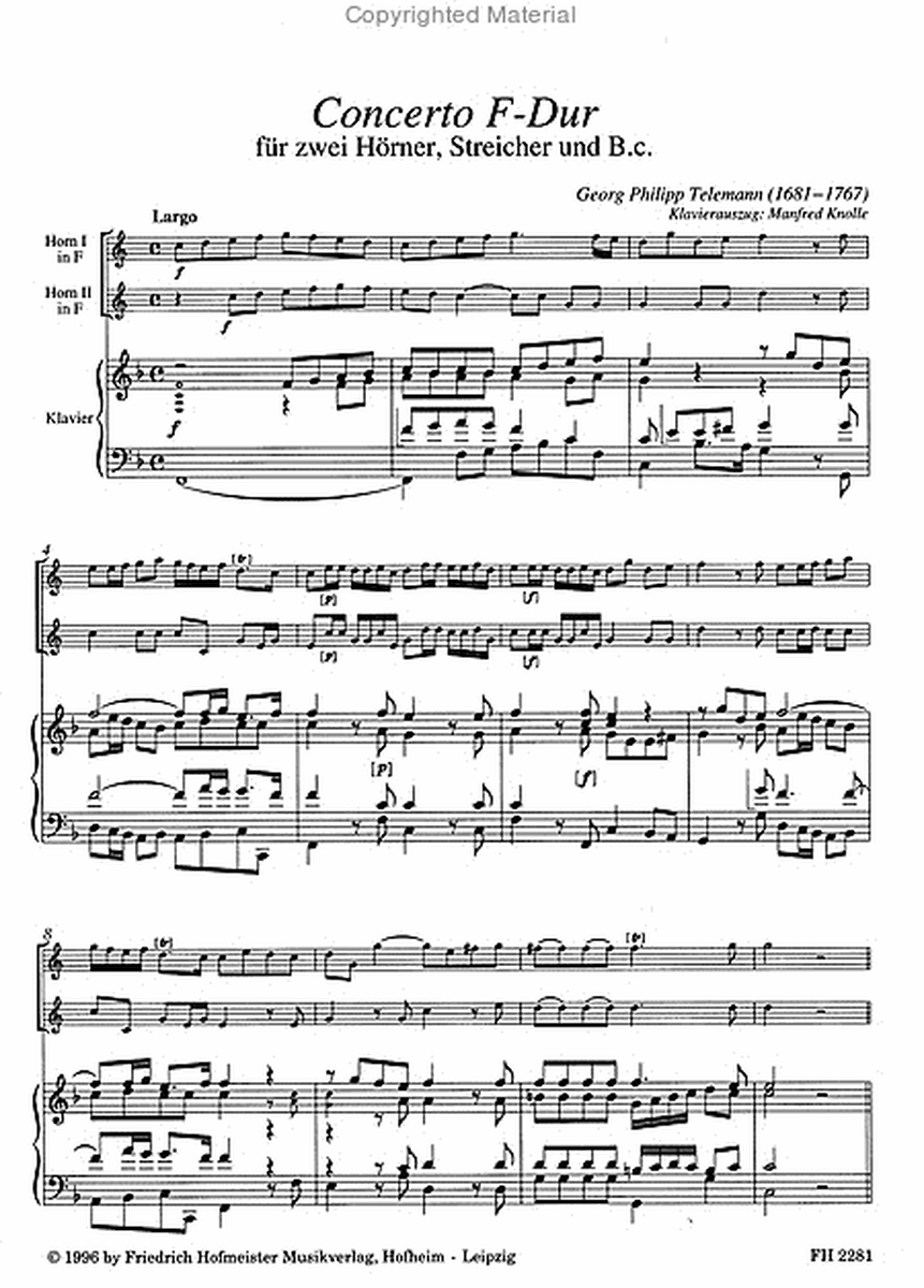 Concerto F-Dur fur 2 Horner, Streicher und B. c. / KlA