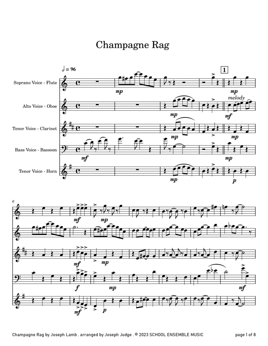 Champagne Rag by Joseph Lamb for Woodwind Quartet in Schools Woodwind Quartet scores gallery preview page 1