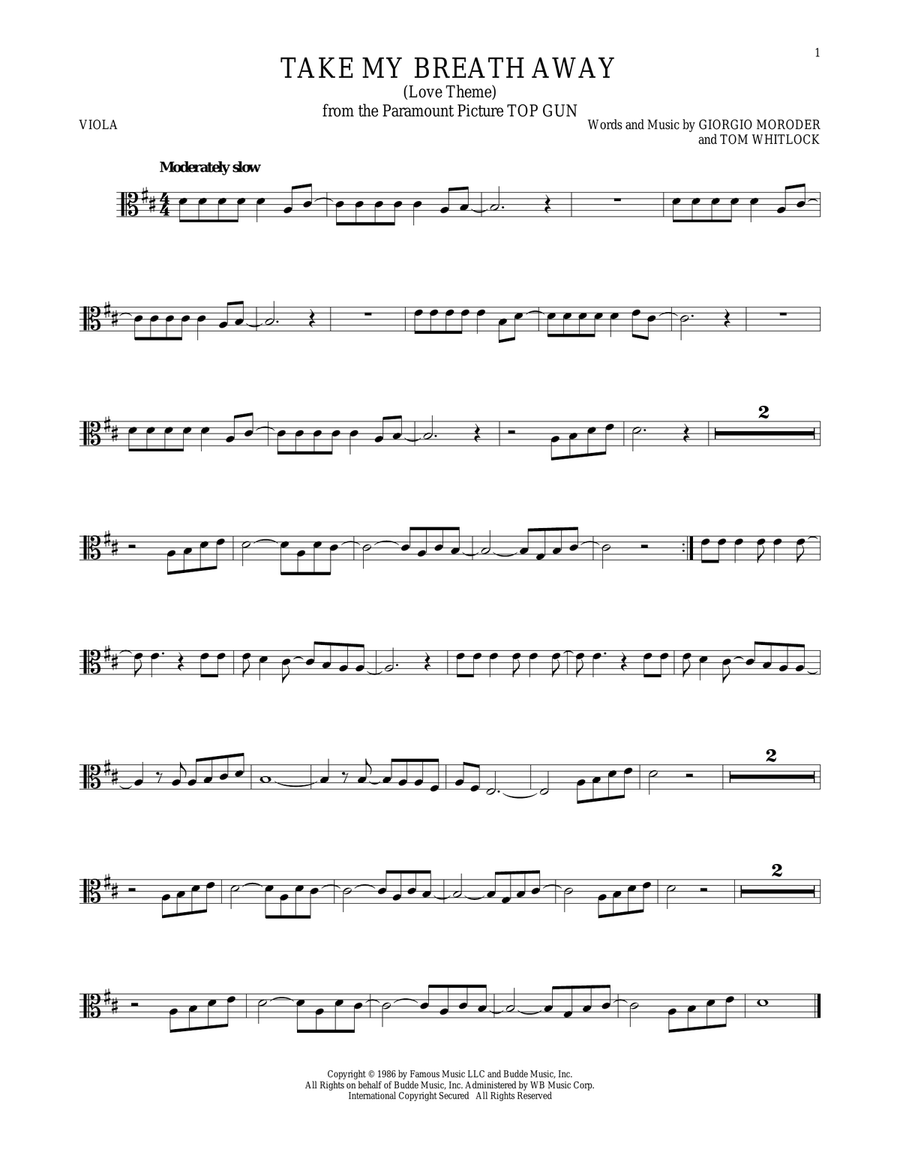 Take My Breath Away (Love Theme) Viola Solo scores gallery preview page 1