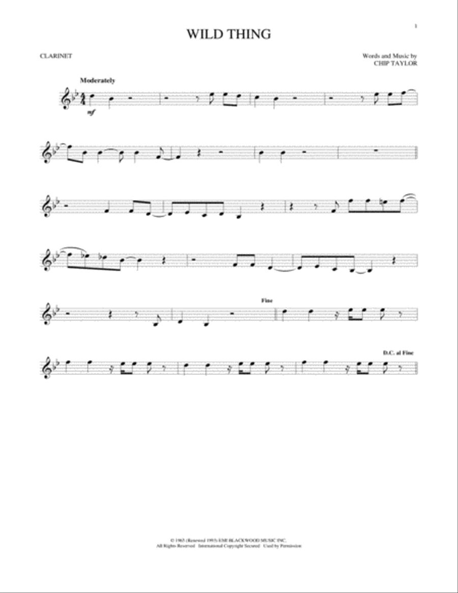 Wild Thing Clarinet Solo scores gallery preview page 1