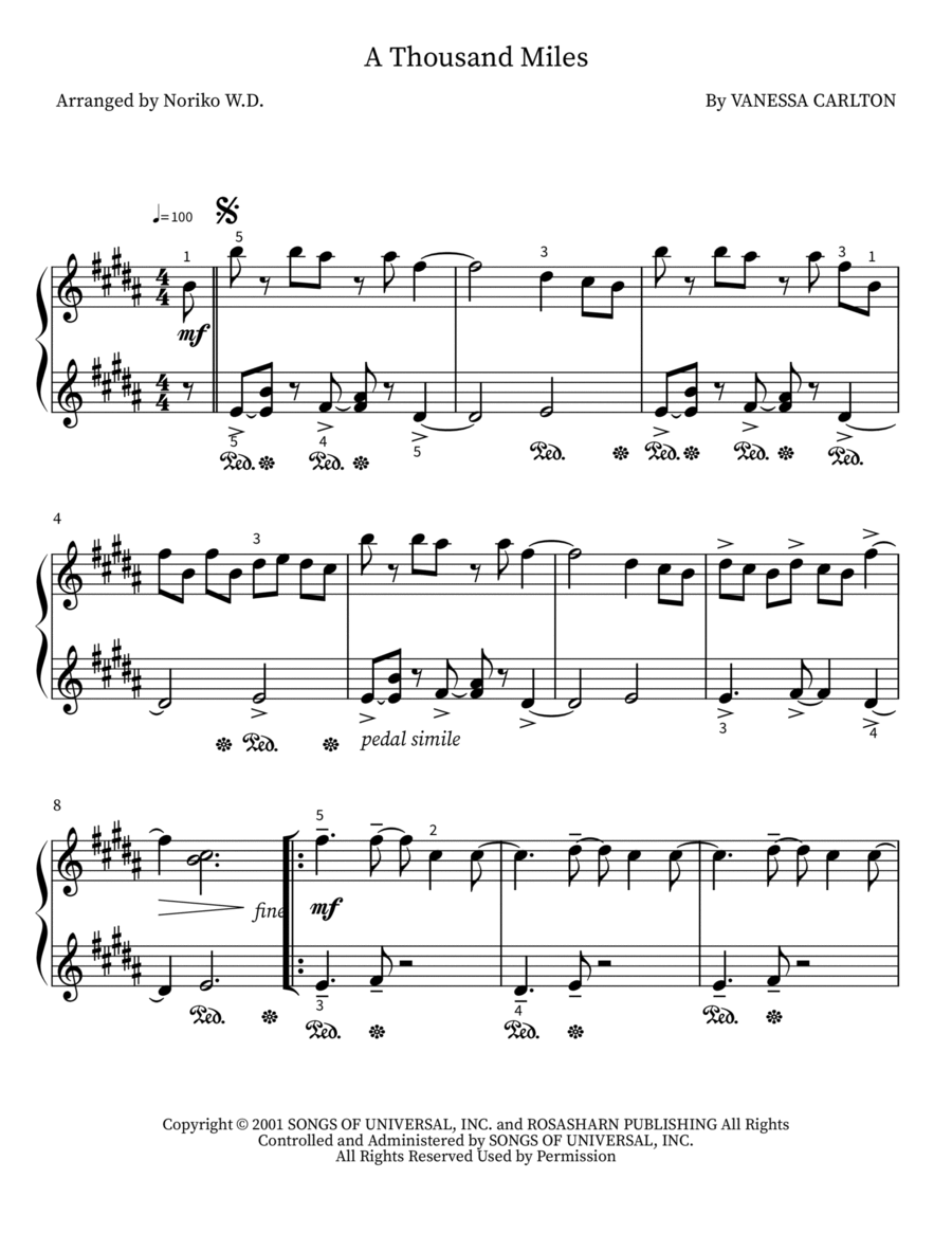 A Thousand Miles Easy Piano scores gallery preview page 1