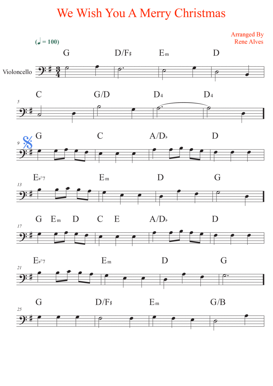 We Wish You A Merry Christmas, sheet music and cello melody for the beginning musician (easy). Cello Solo scores gallery preview page 1